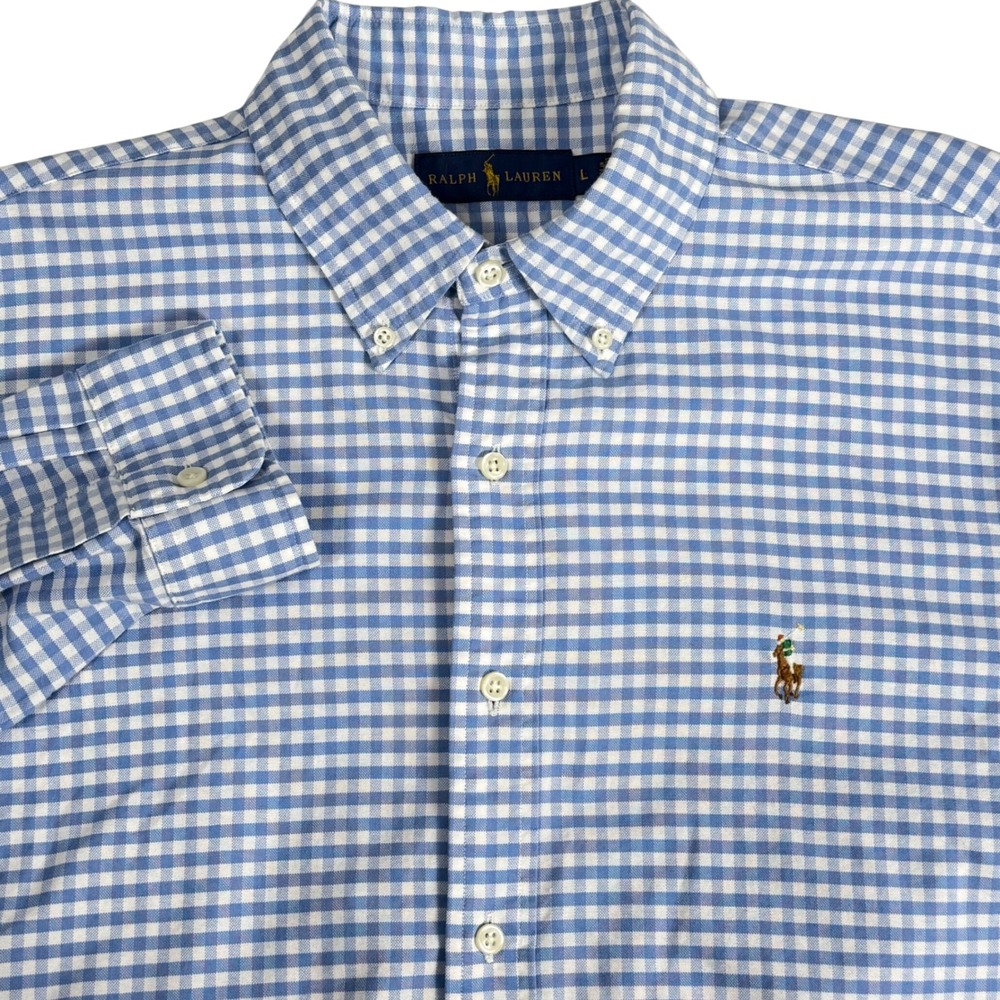 Ralph Lauren Mens L Blue White Gingham Cotton Button Down Long Sleeve Shirt OCBD